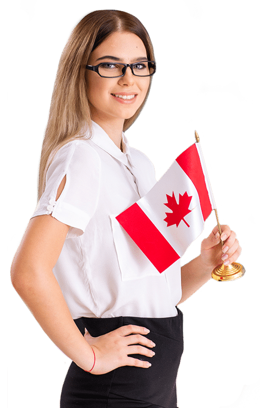 Photo of a teacher smiling while holding an Canadian flag