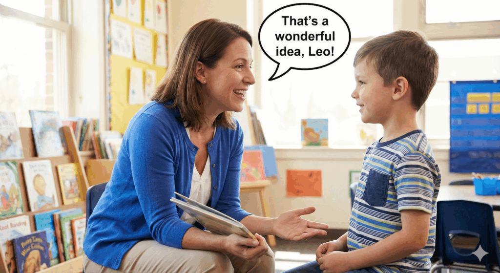 Teacher speaking to a student at eye level with a warm expression